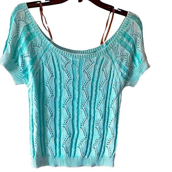 POL Knit Top Open Weave Short Sleeve Light Blue Blouse‎ Small NWOT - Picture 1 of 5